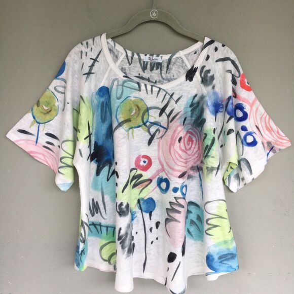 Et Lois Tops - Et' Lois Knit Top Women S Multicolor Abstract Short Sleeve Wearable Art to Wear
